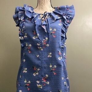 Floral Ruffle Tie-Neck Women's Top - Blue size M